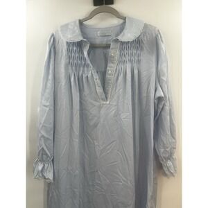 Erika Taylor Petite Blue Satin Nightgown Embroidered Smocked Long Sleeve XL 1X